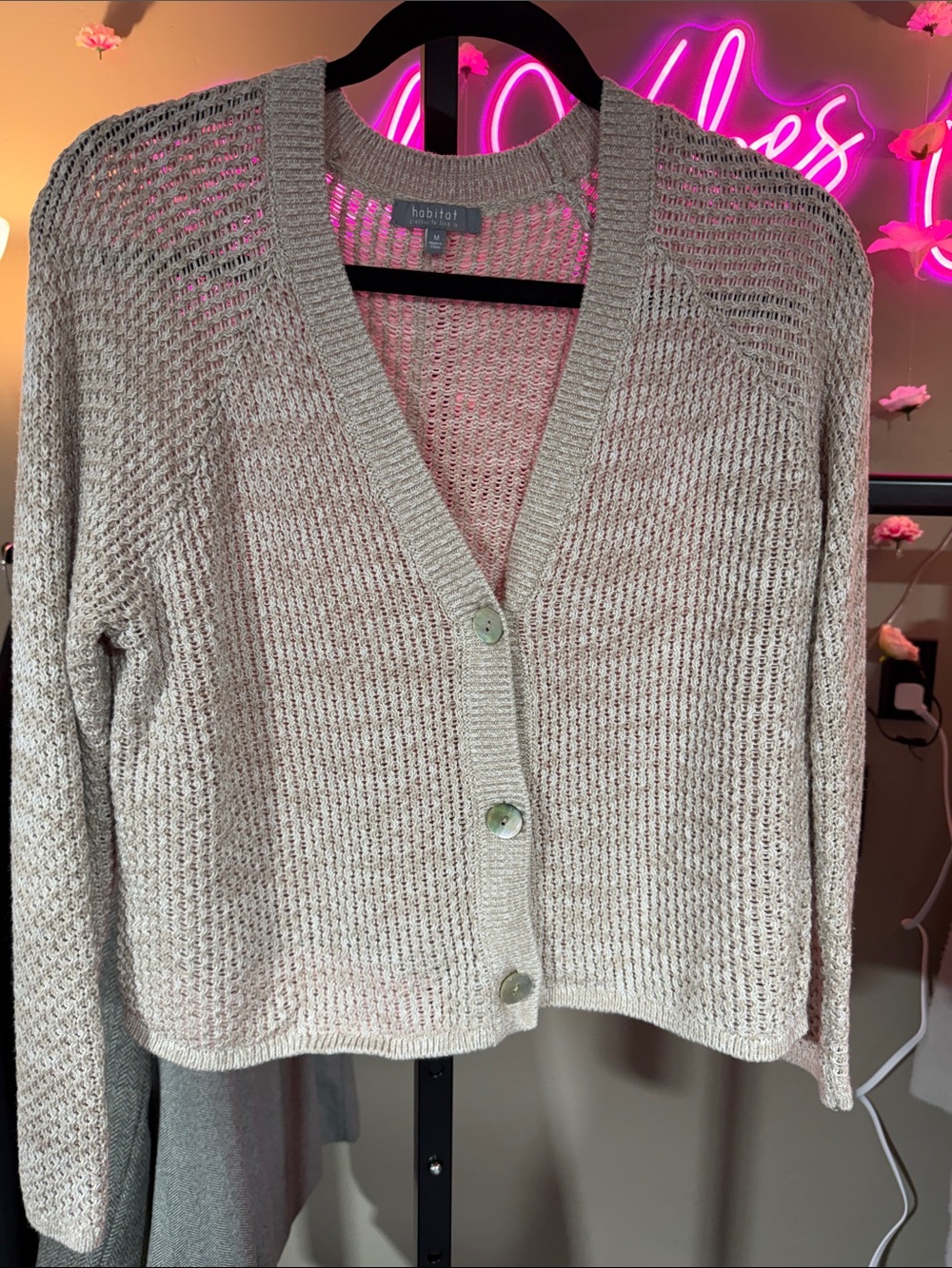 Habitat Light Beige Open-Knit V-Neck Button Cardigan NWOT